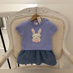 🐰Baby 12~18 Mth Knit Bunny Dress with embroidery Details & Chambray Skirt NWT